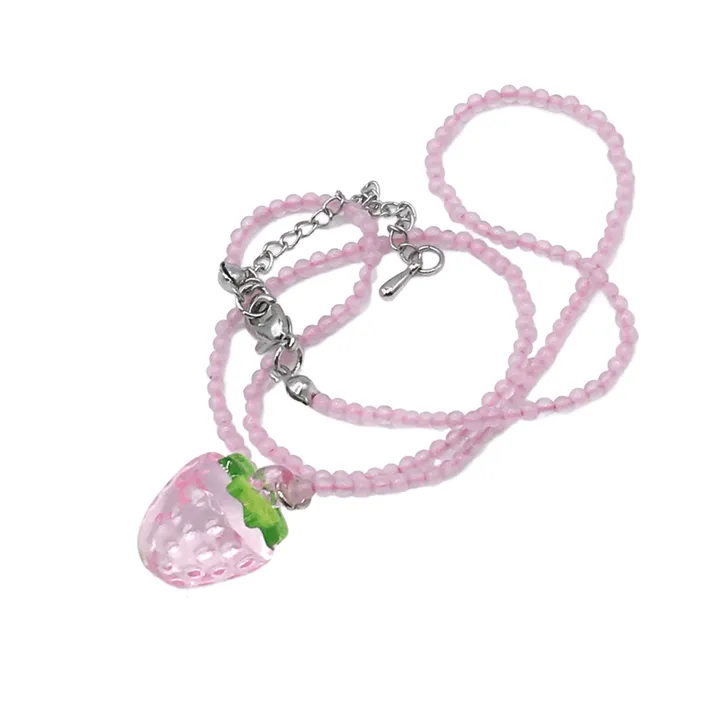 Pink strawberry necklace 캣츠아이 원석목걸이 키치목걸이 상세 이미지 1