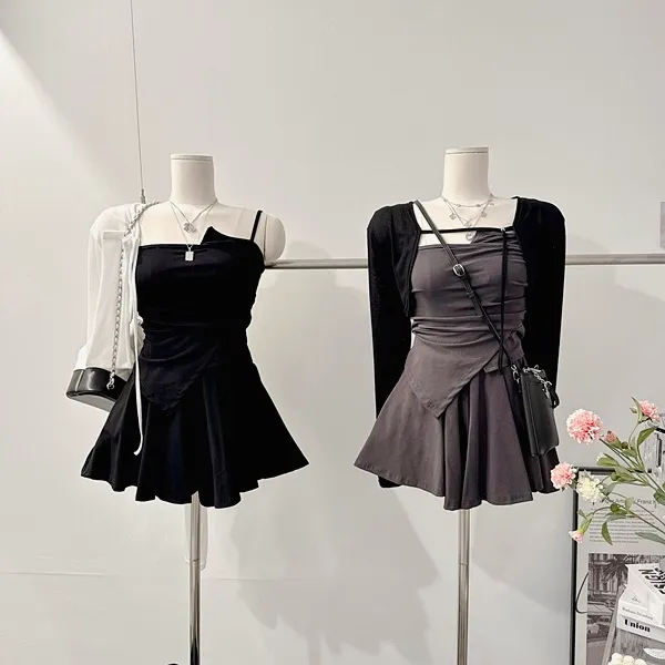 ❤️최저가❤️ *3pc [세트가격!/하이틴!] 펜시 스트랩 셔링나시 언발 사선 튜브탑 크롭나시 긴팔 크롭가디건 니트가디건 볼레로가디건 밴딩 A라인 플레어 미니스커트 여름투피스 세트 상세 이미지 35