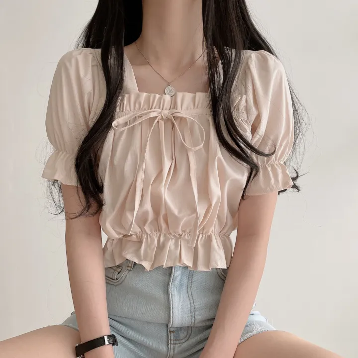 (4color) 여름기분 리본 퍼프스타일 반팔 블라우스 상세 이미지 10