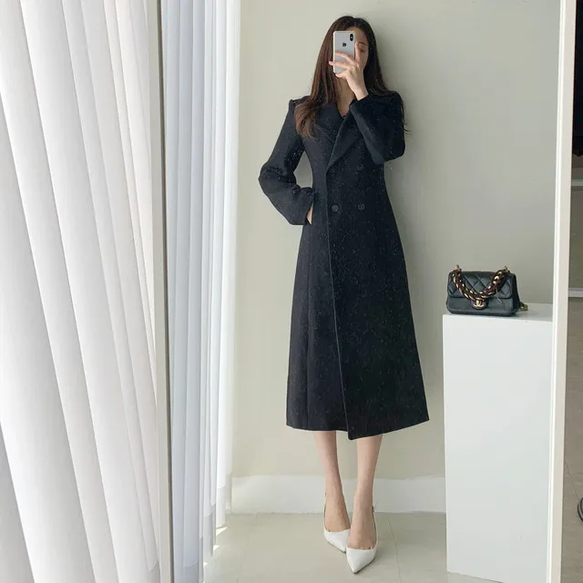 A라인 슬림 롱 플레어 더블 버튼 울코트 블랙 베이지 상세 이미지 29