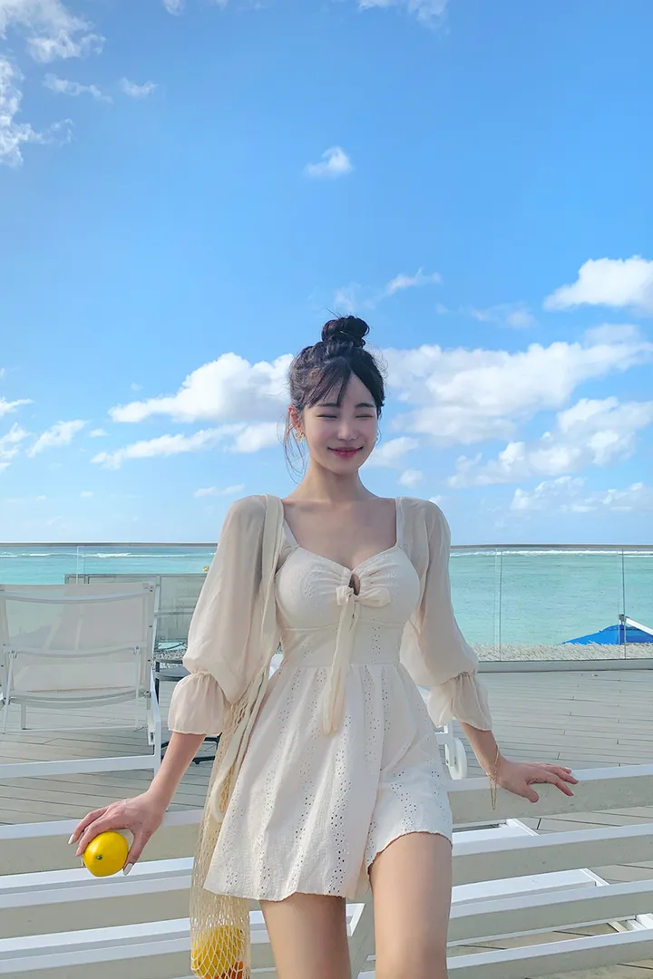 [팔뚝커버/군살커버/M-XL] 리본스트랩 펀칭 원피스 수영복 아이보리 크림 소매 체형 뱃살 커버 비키니 상세 이미지 7
