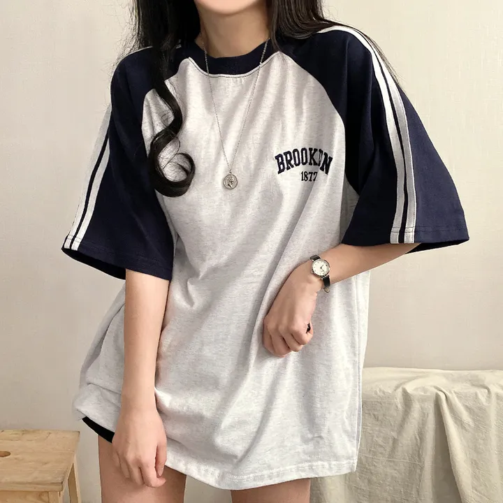 [예쁜/스포티!] 두줄 져지 배색 나그랑 브루클린 자수 데일리 반팔티T 5color 상세 이미지 23