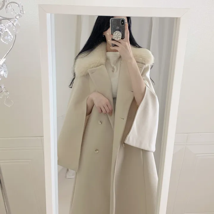 [롱케이프코트💗/고퀄보장✨] 롱VER. 알콩 울 캐시미어 폭스퍼 페이크퍼 밍크퍼 누빔안감 케이프 벨트 버튼 고급 우아 롱 판쵸 코트 망토 자켓 (4color) 연말룩 크리스마스 상세 이미지 18