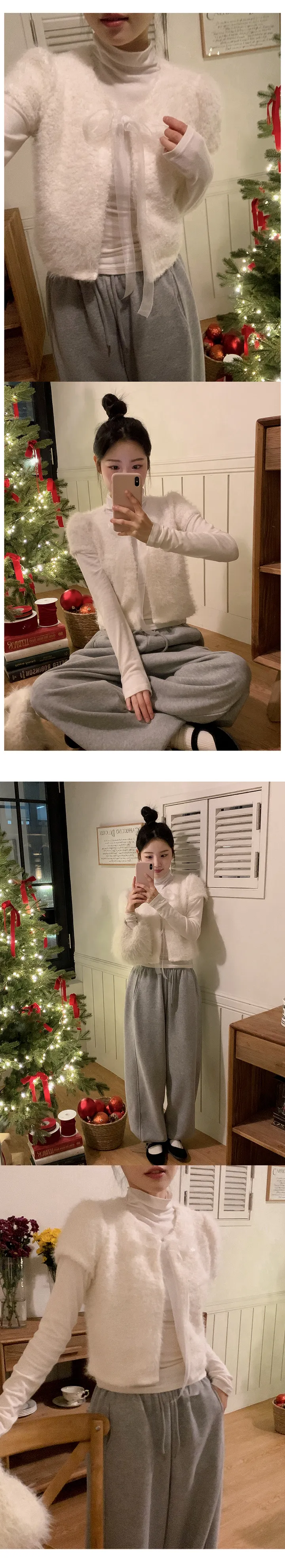 [하객룩][리본탈부착가능][리본 셋트][MADE][자체제작][국내 생산]스노우 시어 쉬폰 리본 퍼 반팔 가디건 (3color) 상세 이미지 17