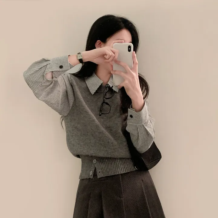 [단독/일체형!/✨주문폭주✨]올인원 쓰리버튼 레이어드 일체형 스트라이프 셔츠+니트조끼 상세 이미지 30