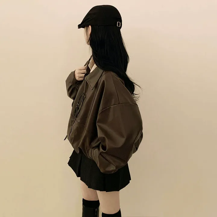 [찐오버핏/고퀄!] 카라 블루종 레더자켓 밴딩 시보리 점퍼 브라운 블랙 상세 이미지 11