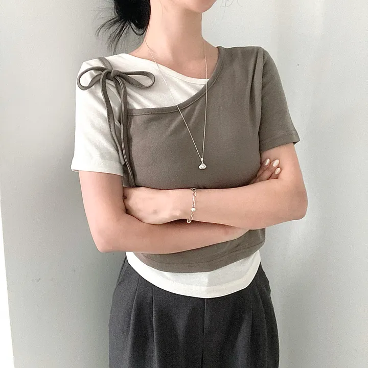 [set/핏보장] 리본 배색 레이어드 반팔 티셔츠 투피스 세트 3col 상세 이미지 19