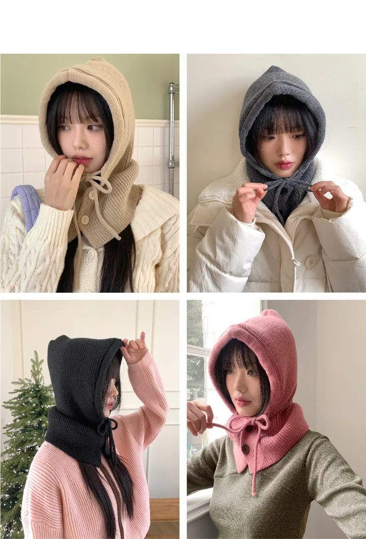 [묶음할인/6color] 테누 투버튼 후드 니트 리본 스트랩 바라클라바 상세 이미지 2