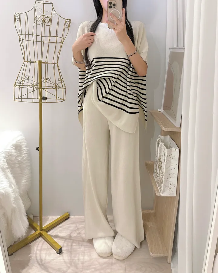 *빠른출고 *체형커버굿 [*44-77/highqual] 모먼트 스프라이트 소프트 단가라 케이프 니트 + 밴딩 와이드 니트 팬츠 투피스 트레이닝세트 - 4color 상세 이미지 8