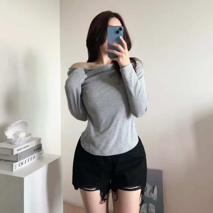 밑단u![군살커버여유핏/살짝오프숄더-]가슴안감으로 비침없는, 드레이핑 셔링 밑단 라운드 굴림 언발 쫀득 고퀄 분위기 여신 긴팔 크롭 루즈핏 티셔츠 (4col):리틀페어리 상세 이미지 15