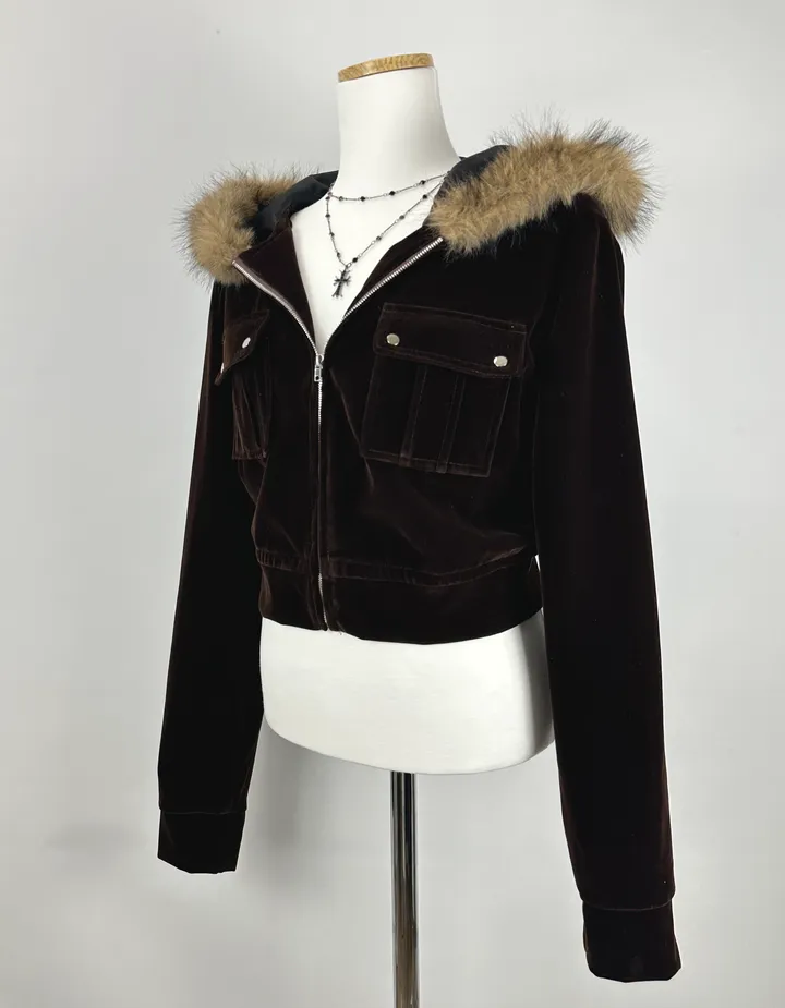 velvet fur hood  jacket- 벨벳 퍼 후드 자켓 2color (힙, 스트릿, 유니크, 크롭, y2k, 빈티지, 퍼, 집업, 후드집업) 상세 이미지 25