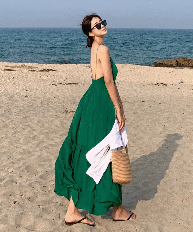 자체제작 바캉스룩 백리스 슬리브리스 캉캉 플레어 맥시 롱 원피스