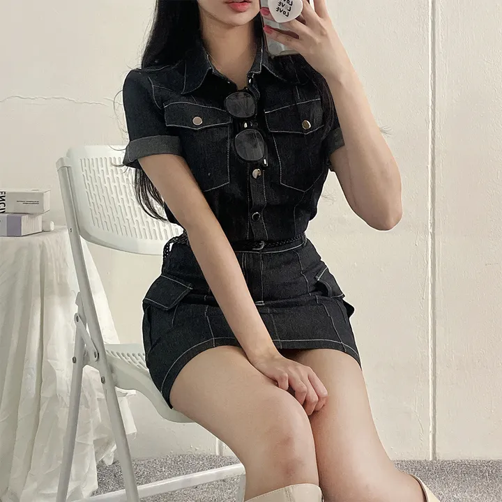 [남방+스커트 SET] 스킬 데님 반팔 남방 셔츠 + 데님 카고 스커트 투피스 세트 (단품or세트구매/2color) 상세 이미지 17