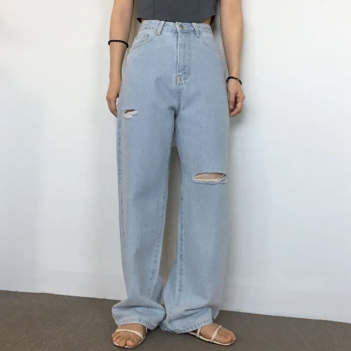 スリットダメージロールアップデニムロングパンツ