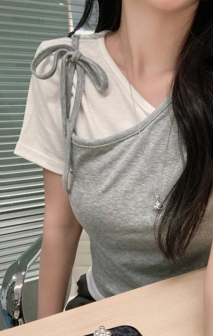 [set/핏보장] 리본 배색 레이어드 반팔 티셔츠 투피스 세트 3col 상세 이미지 2