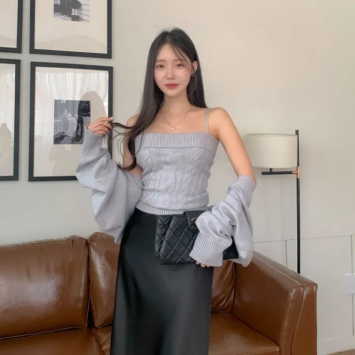 [찐애정템ㅠ고퀄버전*나시볼레로setෆ부유방삭제핏] 빈츠 꽈배기 끈나시 + 루즈핏 긴팔 볼레로 세트 니트 탑 나시 크롭 볼레로 가디건 스판 긴팔 투피스 세트 봄 가을 데일리룩 데이트 상세 이미지 36