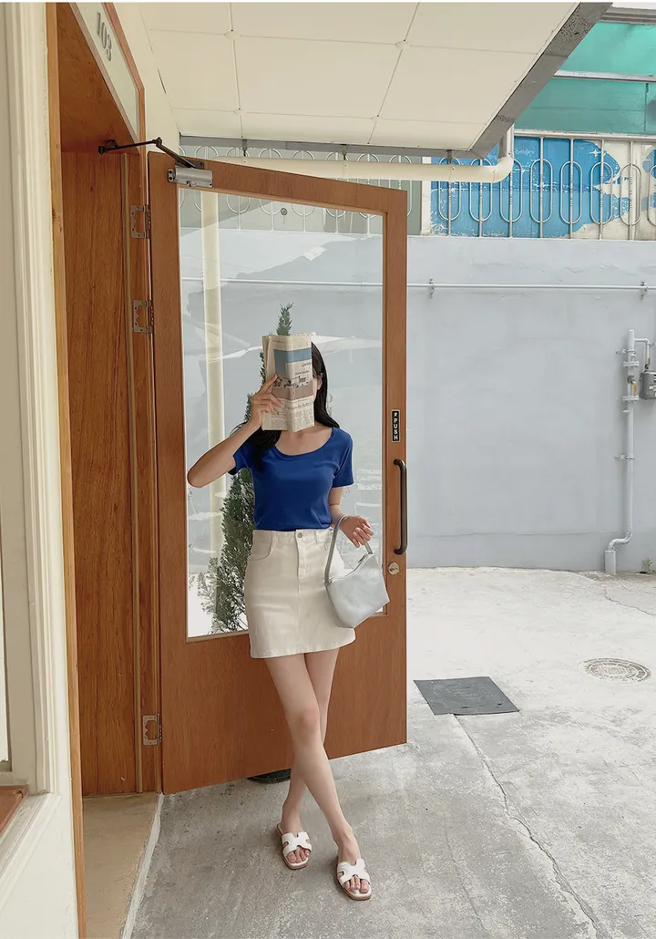 [44-110] [9천장 돌파✨] 유리빈 스판 U넥 슬림핏 크롭 티셔츠( 여름/데일리룩/여행룩/휴가룩/흠뻑쇼/워터밤/빅사이즈/110사이즈/자체제작/크롭/스판/스판좋은/쫀쫀한/쿨링/아이스/기본템/레이어드/베이직/부드러운 ) 상세 이미지 19