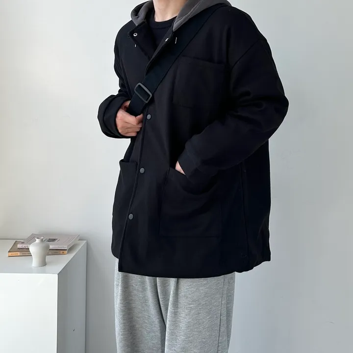 가을 겨울 오버핏 하프 코트 미니멀 빅사이즈 아우터 보온안감후드블랙코트 상세 이미지 15