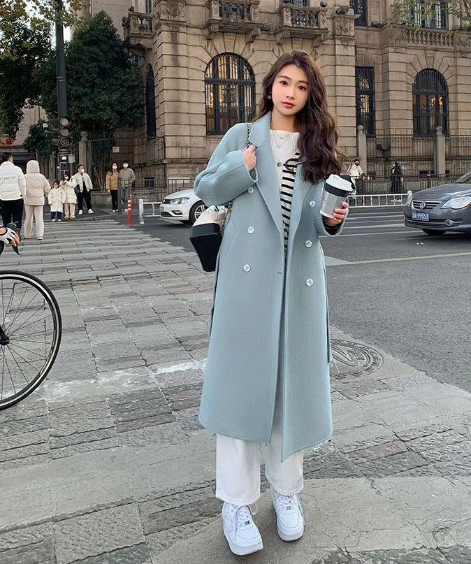 파스텔 더블 버튼 빅카라 테일러드 벨트 모직 롱 코트 상세 이미지 8