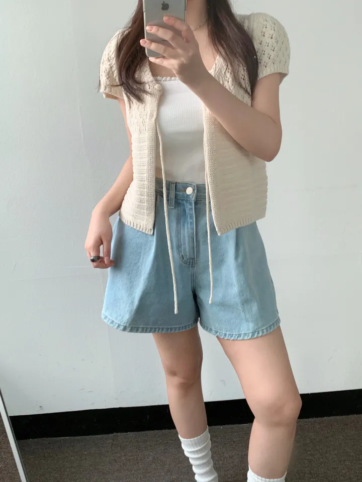 멜라운지 콤비 하프 가디건 mellounge 2col 반팔 여름 리본 펀칭 레이어드 러블리 상세 이미지 6