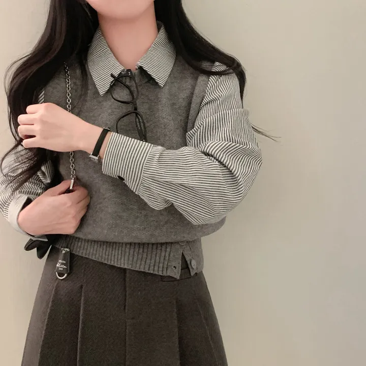 [단독/일체형!/✨주문폭주✨]올인원 쓰리버튼 레이어드 일체형 스트라이프 셔츠+니트조끼 상세 이미지 27