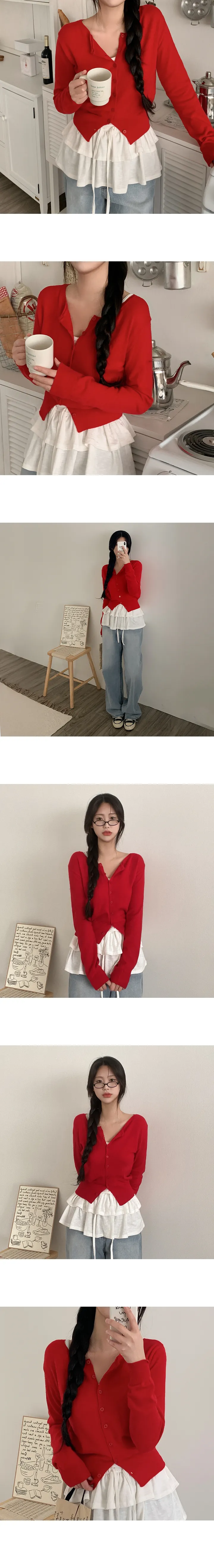 [세트/단독구매가능] 여름 나시 레이어드 캉캉 리본 미니원피스 + 투웨이 레드 유넥 니트 가디건 상세 이미지 5