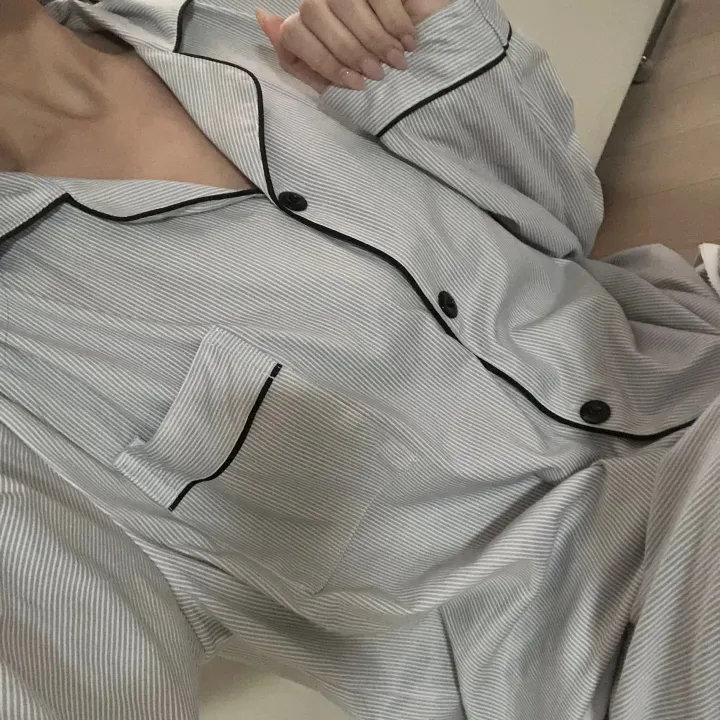 [🙋‍♀️최저가/당일출고] 그레이 스트라이프 잠옷 세트 홈웨어 파자마 커 상세 이미지 4