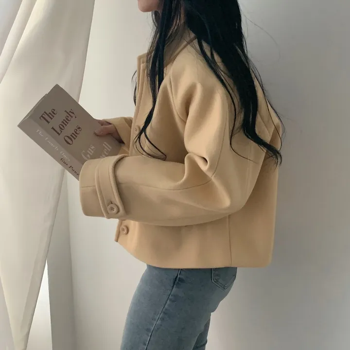 봄가을 크롭재킷 오버핏 아이보리 블랙 싱글버튼 숏코트 상세 이미지 26