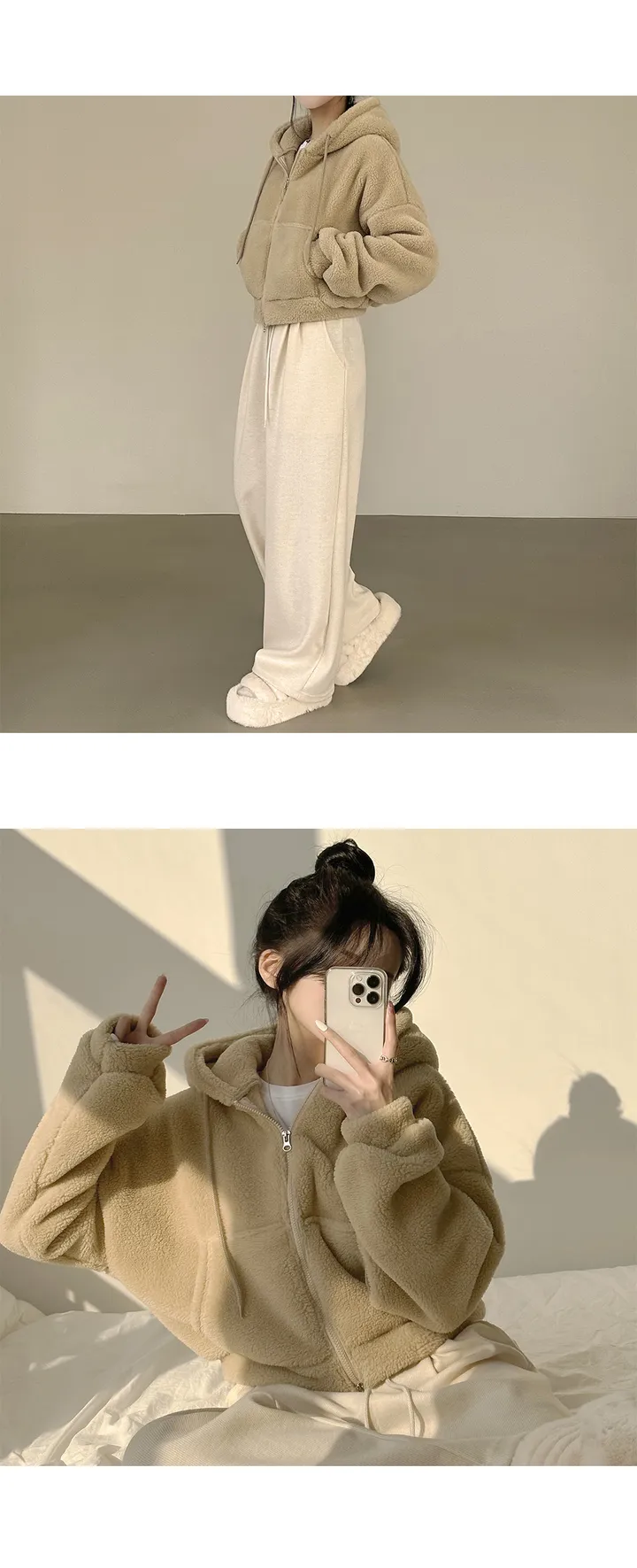 [고중량,왕도톰!/겨울까지~] 귀여운 아방핏, 뽀글이 밍크 투웨이 크롭 후드집업 점퍼 (4color) 상세 이미지 3