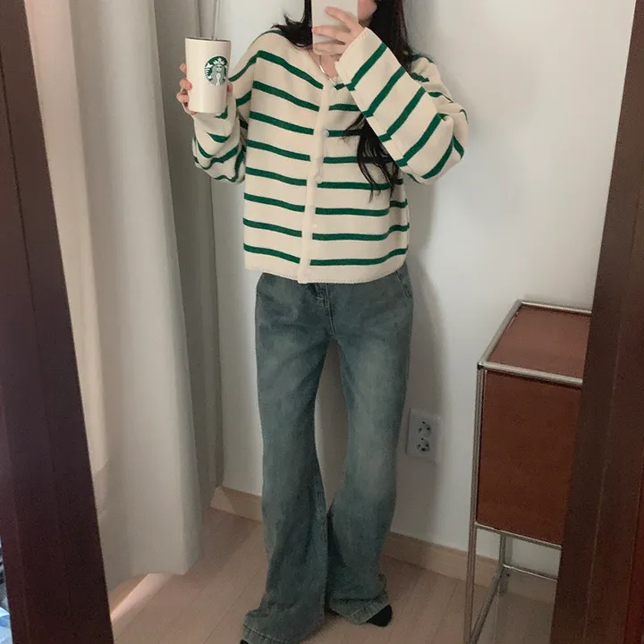 [데일리/꾸안꾸*.*] 파이 스트라이프 단가라 자켓 가디건 상세 이미지 4