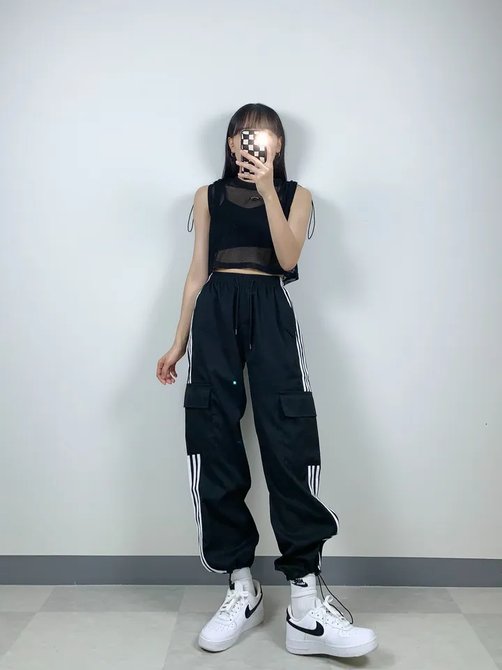 3트랙M 와이드 하이웨스트 스트링 2way 트레이닝 조거 바지 밴딩 팬츠 Y2K 유니크 빈티지 힙한 무드 데일리 스트릿 클럽 아이돌방송댄스 댄서공연무대단체의상 상세 이미지 4
