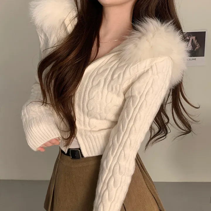 *비율최강핏set/뽀용템💓* 도톰 꽈배기 케이블 니트 퍼후드 투지퍼집업 상세 이미지 7