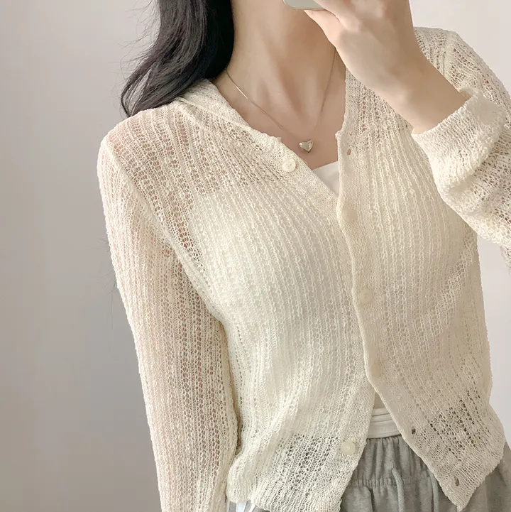 [여리찰랑핏🩷꾸안꾸] 후드 부클 시스루 니트 긴팔 크롭 가디건 - 4color 상세 이미지 5