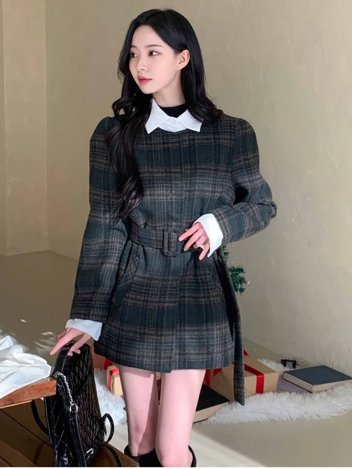 [신상🌹] 이브 벨트코트 / 벨트자켓 레이어드 자켓 체크자켓 체크코트 무스탕 하객룩 트위드자켓 하프코트 떡볶이코트 울자켓 모직자켓 핸드메이드 코트 숏코트 울코트 모직코트 퍼자켓 상세 이미지 27