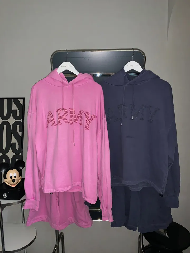 [세트가격🌠/남녀공용🧏‍♀️💕/도링룩단독💌] 피그먼트 아미 레터링 후드 밴딩 5부 반바지 커플 트레이닝세트 투피스 (3color) 상세 이미지 46