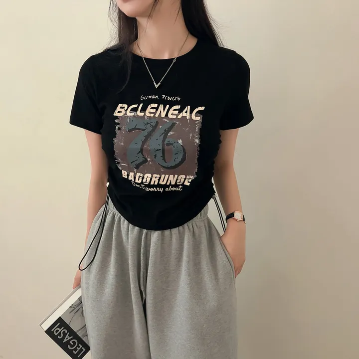 76プリントラウンドサイドシャーリングストリング半袖Tシャツ 