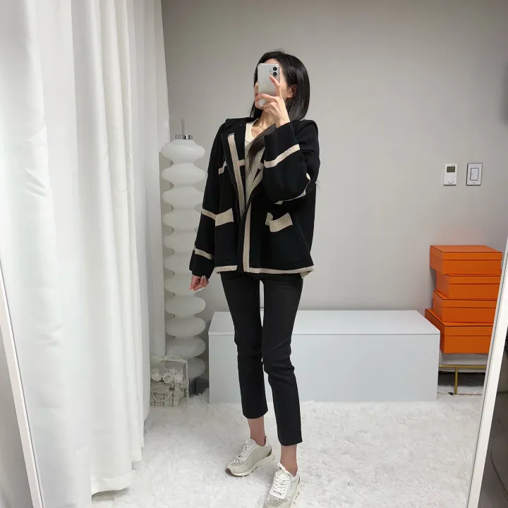 *꾸안꾸, 루즈핏* 라인 배색 니트 후드집업 가디건 자켓 상세 이미지 22