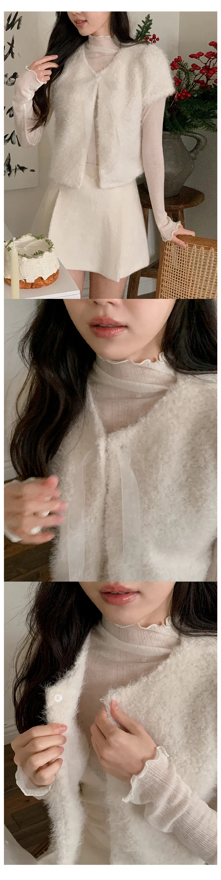 [하객룩][리본탈부착가능][리본 셋트][MADE][자체제작][국내 생산]스노우 시어 쉬폰 리본 퍼 반팔 가디건 (3color) 상세 이미지 37