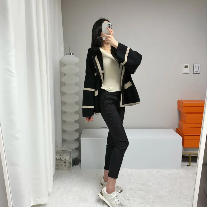 *꾸안꾸, 루즈핏* 라인 배색 니트 후드집업 가디건 자켓 상세 이미지 24