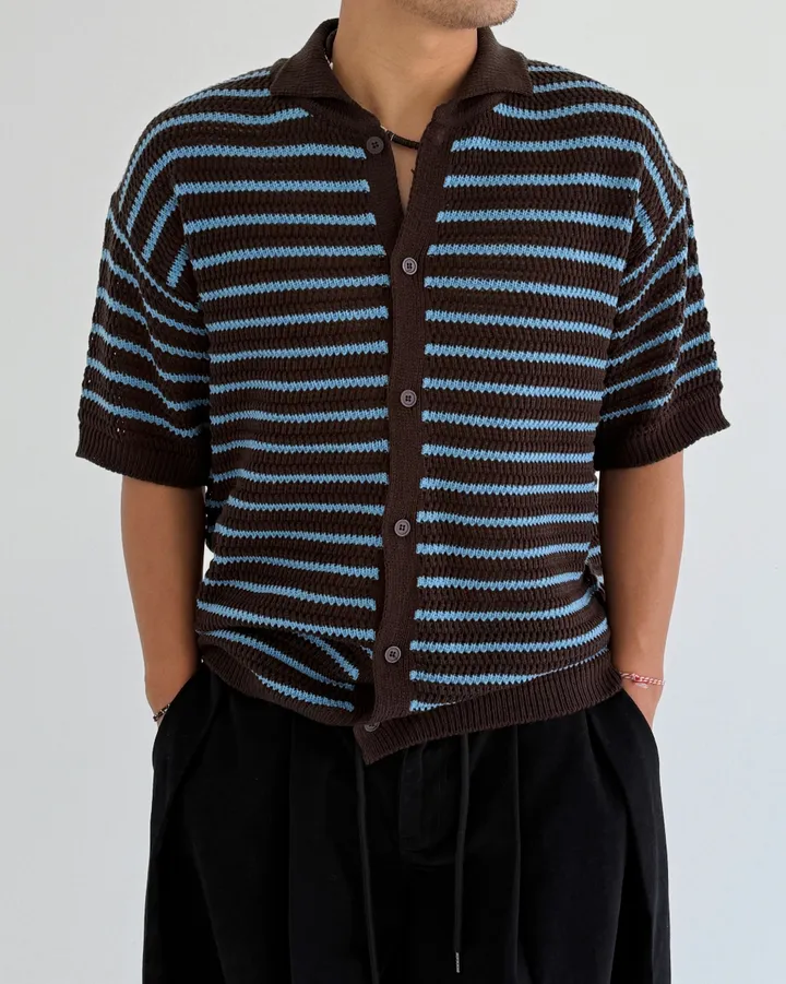 [온트추천] (UNISEX) 모리 스트라이프 카라 반팔 가디건 상세 이미지 28