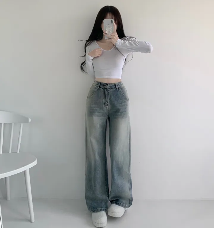 당일출고🚀[특가❤/핏보장] 선데이 원버튼 뒷밴딩 사이드 빈티지 워싱 하이웨스트 와이드 바지 데님팬츠 청바지 사계절청바지 상세 이미지 6