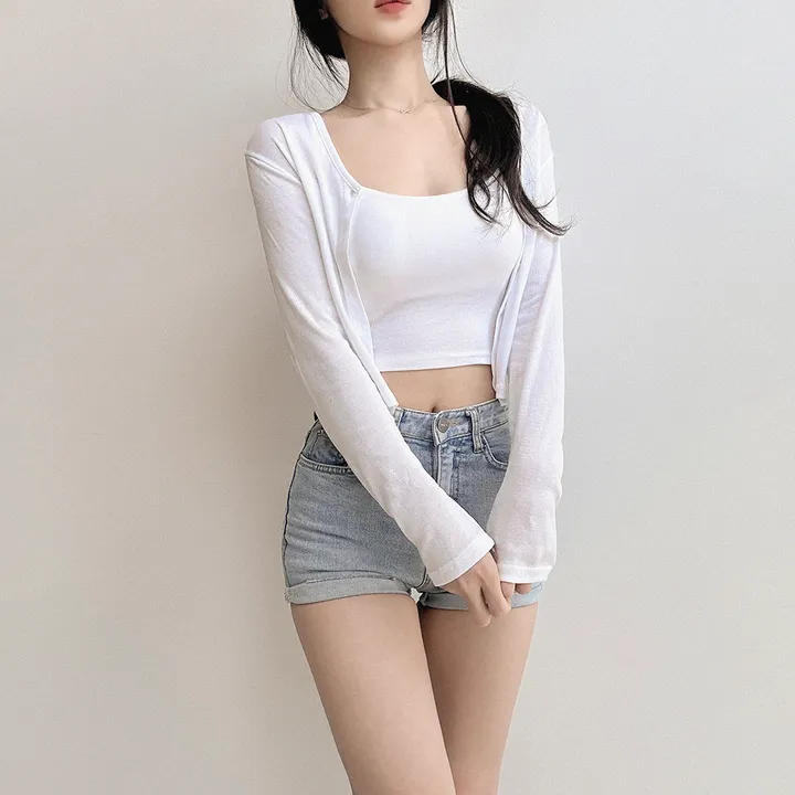 (당일출고!!, 살안타템) 여리 슬림루즈핏 브이넥 썸머시스루 크롭가디건 상세 이미지 2