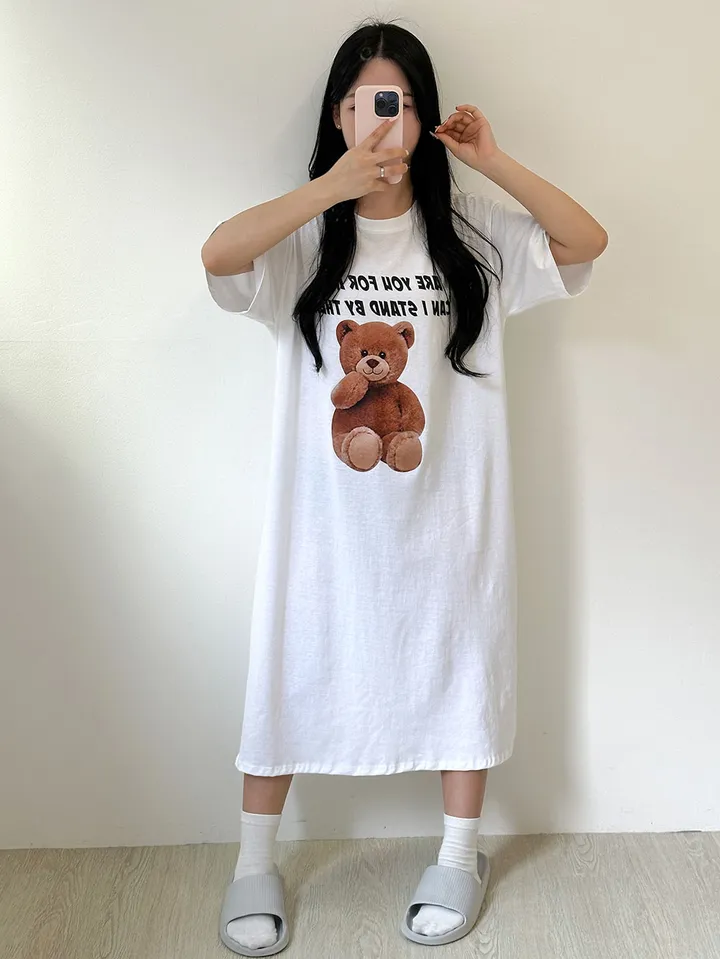 [국내/부드러운] 베어🐻 프린팅 반팔 롱 원피스 - 4color 상세 이미지 18