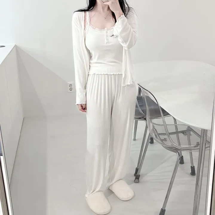 🖤[당일출고/최저가] 4ps 3ps 레이스 캡내장 잠옷 세트 상하 파자마 나시 긴바지 반바지 아우터 가벼운 스판기 섹시한 여성스러운 3피스 4피스 봄 여름 가을 홈웨어 3종 4종 상세 이미지 8
