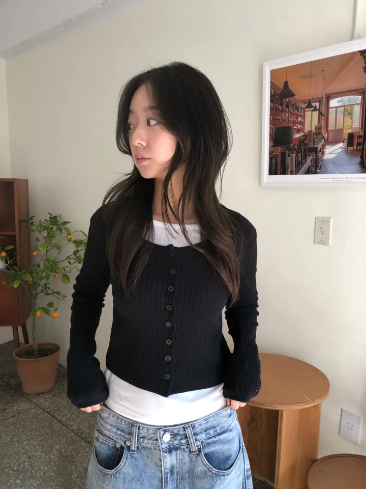 슬림핏 숏 골지 가디건 상세 이미지 10