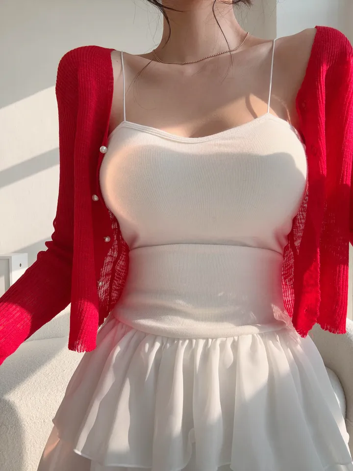 (8color) 【여리여리-!】 수채화 슬림핏 시스루 롱슬리브 진주 버튼 부클 가디건 상세 이미지 21