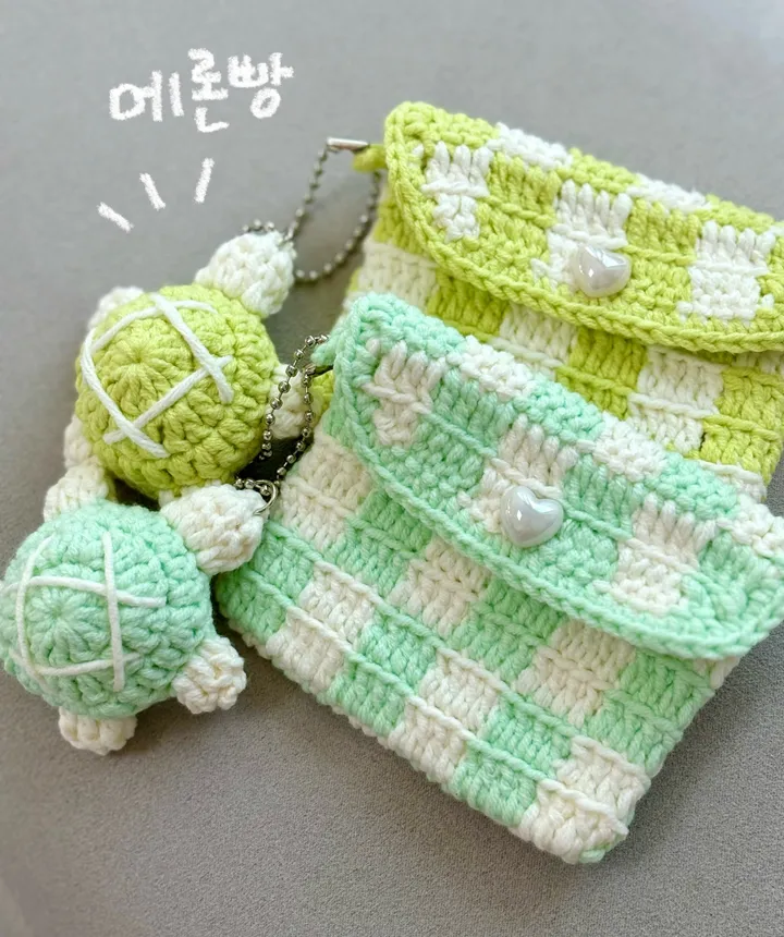 🐢💚[핸드메이드][커스텀 가능] 메론빵거북이 체크 뜨개 카드지갑 뜨개지갑 상세 이미지 2