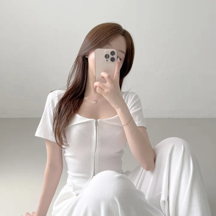 [꾸안꾸🤍/키작녀추천] 촤르르 썸머 레이어드 카라 투웨이 반팔 크롭 집업 + 하이웨스트 핀턱 와이드팬츠 여름 트레이닝 세트 레이온 투피스 티셔츠 상하의 셋업 (3color) 상세 이미지 19