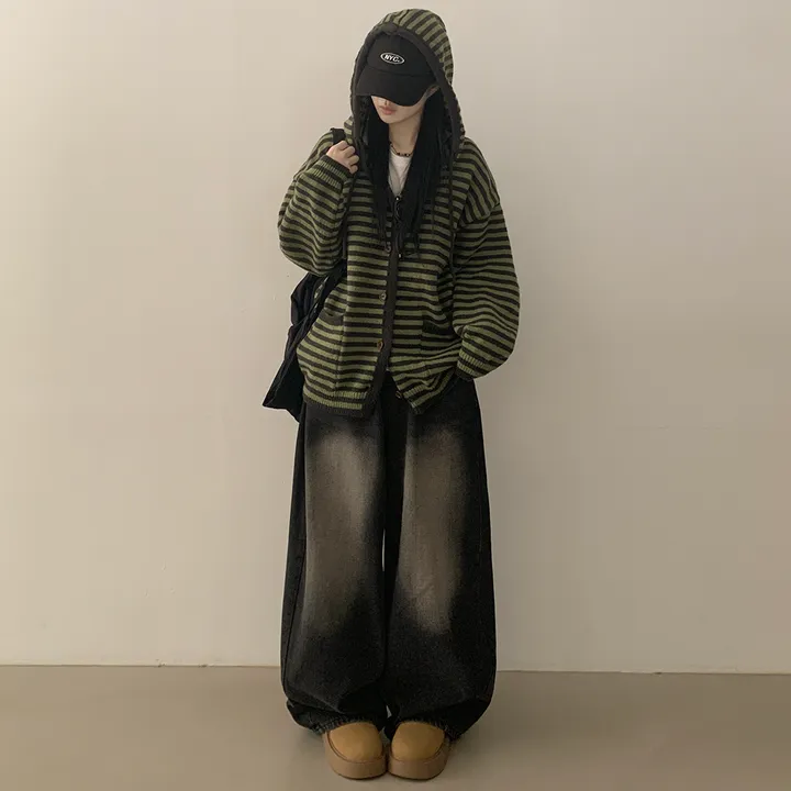 [울함유/폭닥✨] 빈티지힙 오버핏 스트라이프 단가라 니트 후드가디건 단추 집업 상세 이미지 10