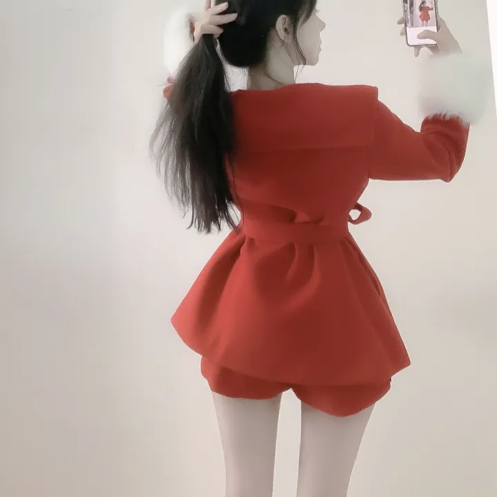[초고퀄]소매퍼 안감누빔  하프 모직코트 반바지 투피스 세트 상세 이미지 19